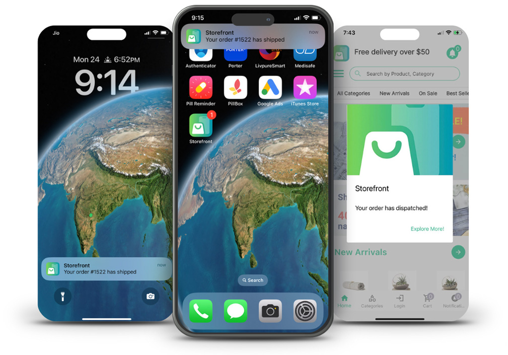 Push notification screen examples and branded app launcher screenshot
