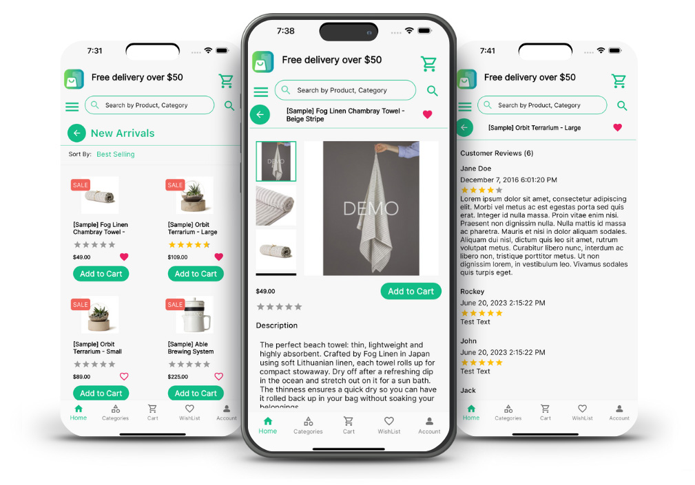 Mobile Storefront product list grid view, product details and product review screens.