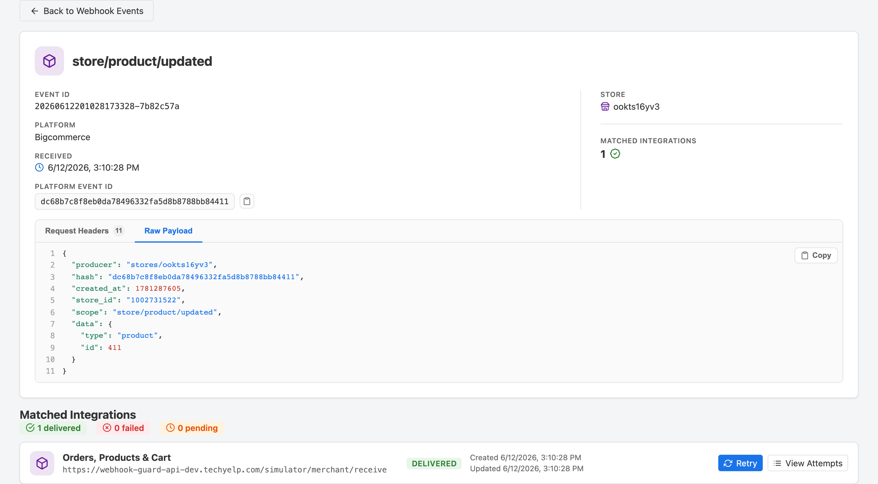 Event detail page showing event metadata, raw payload, matched integrations with delivery status, and a View Attempts button