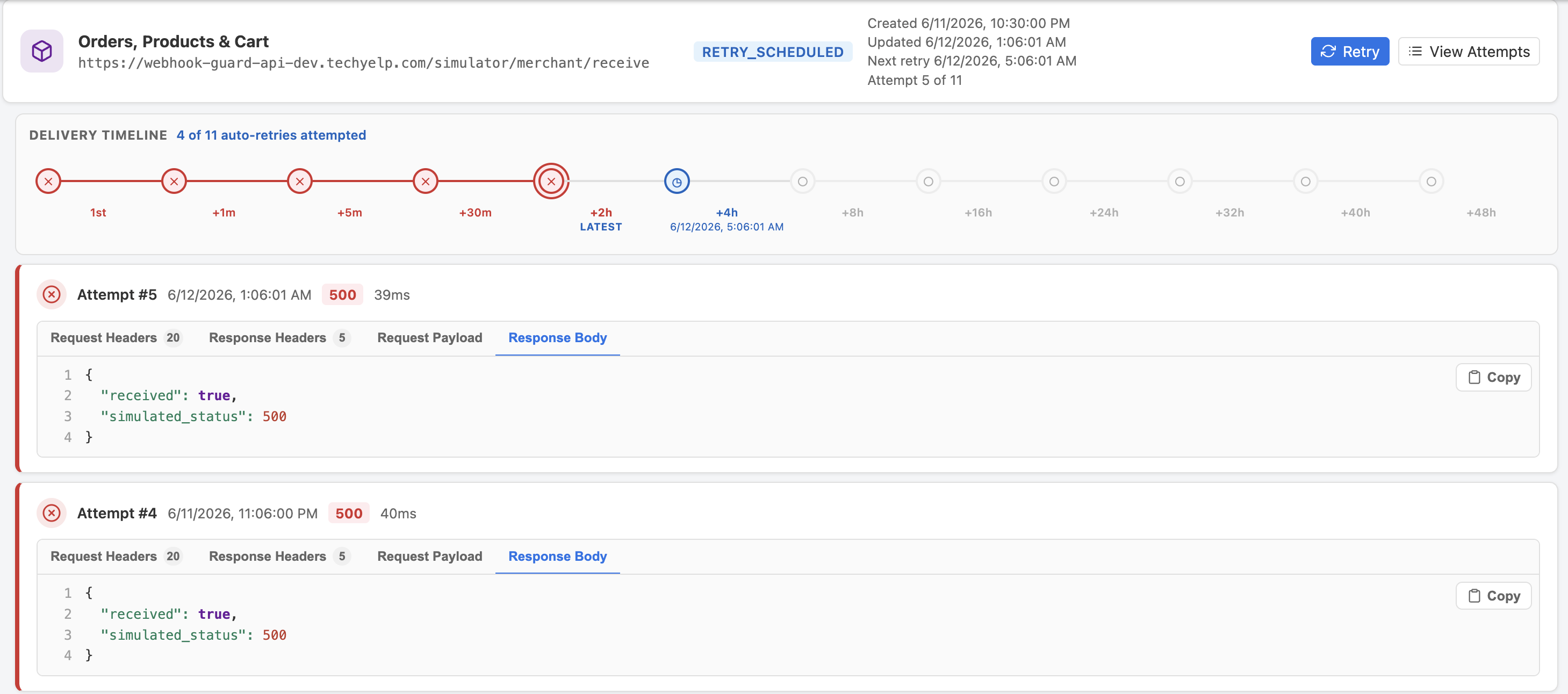 Event detail page scrolled to the delivery attempts section showing a timeline of attempt number, timestamp, HTTP status, response time, and retry button