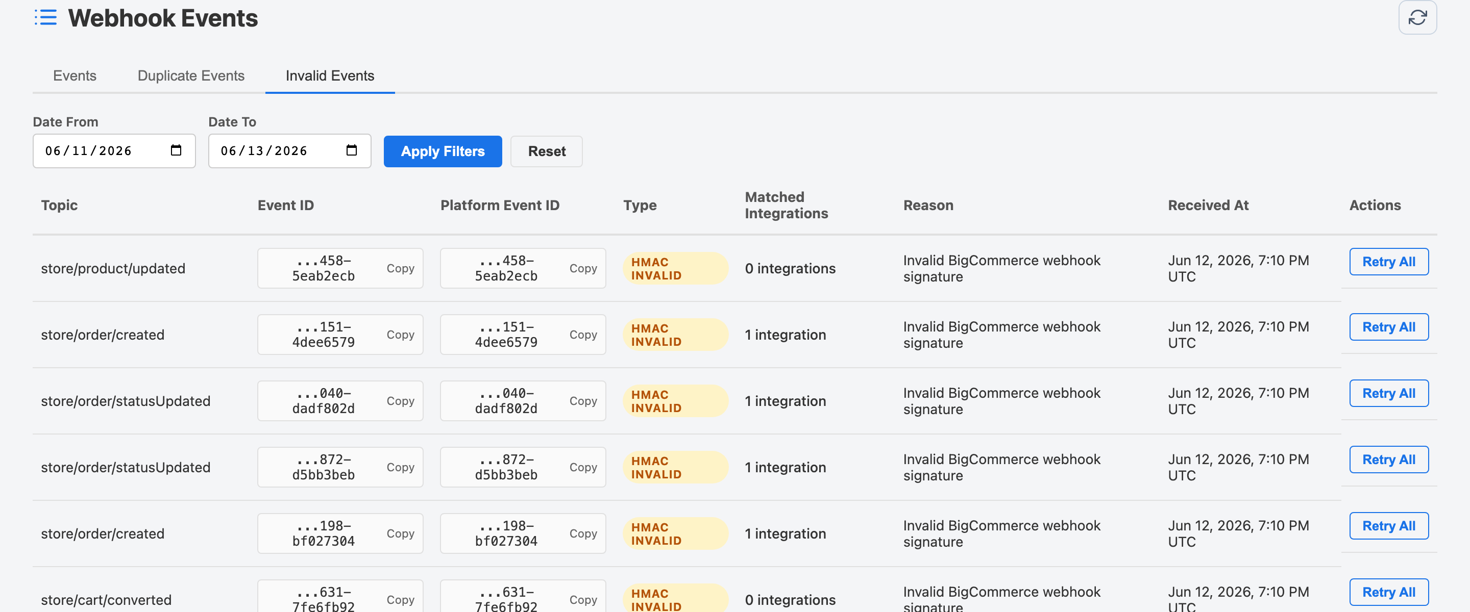 Invalid Events tab listing events that failed HMAC signature verification with topic, event ID, type badge, reason, and received timestamp