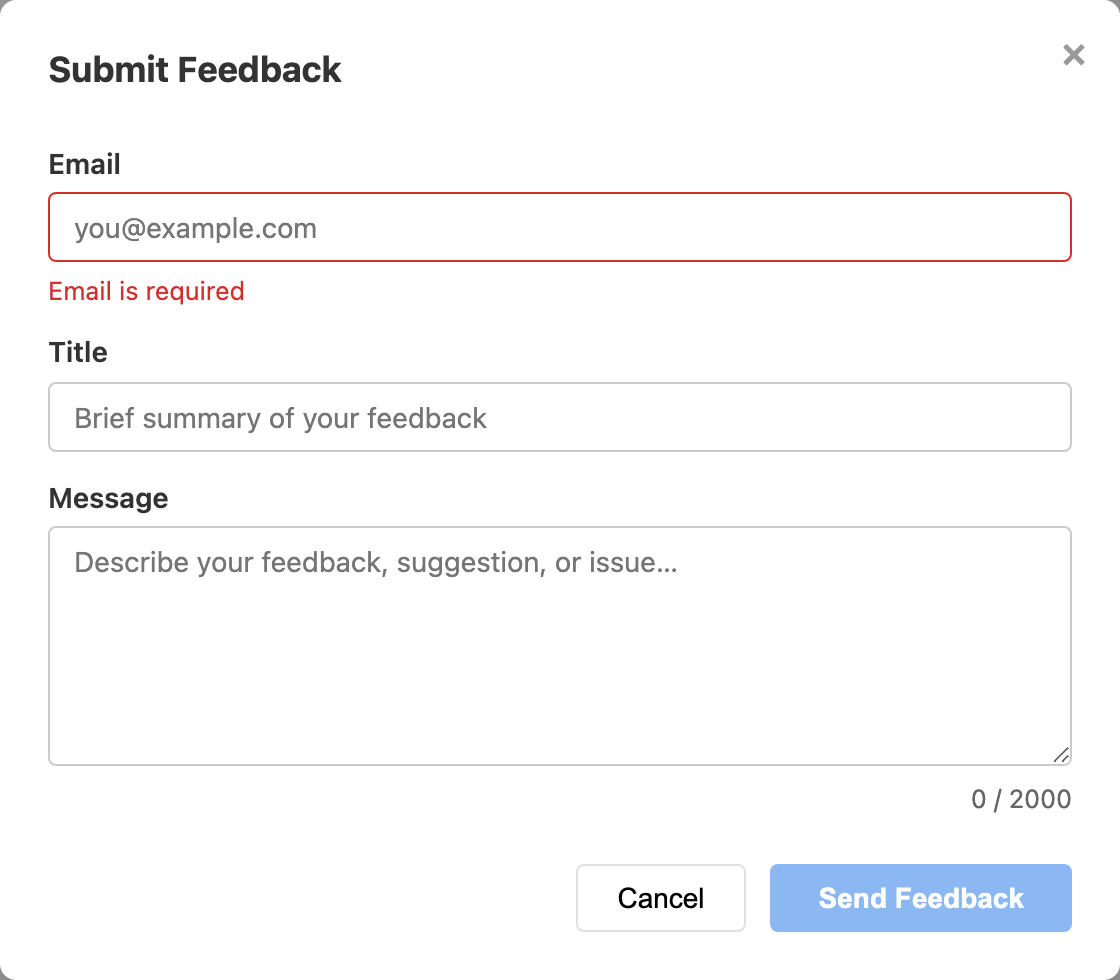 Submit Feedback form showing fields for email address, title, and message text area