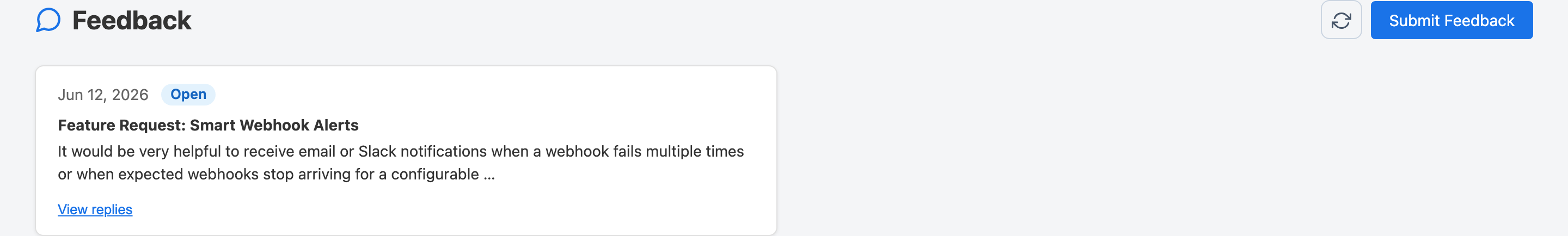 Feedback page showing submitted feedback entries and a Submit Feedback button