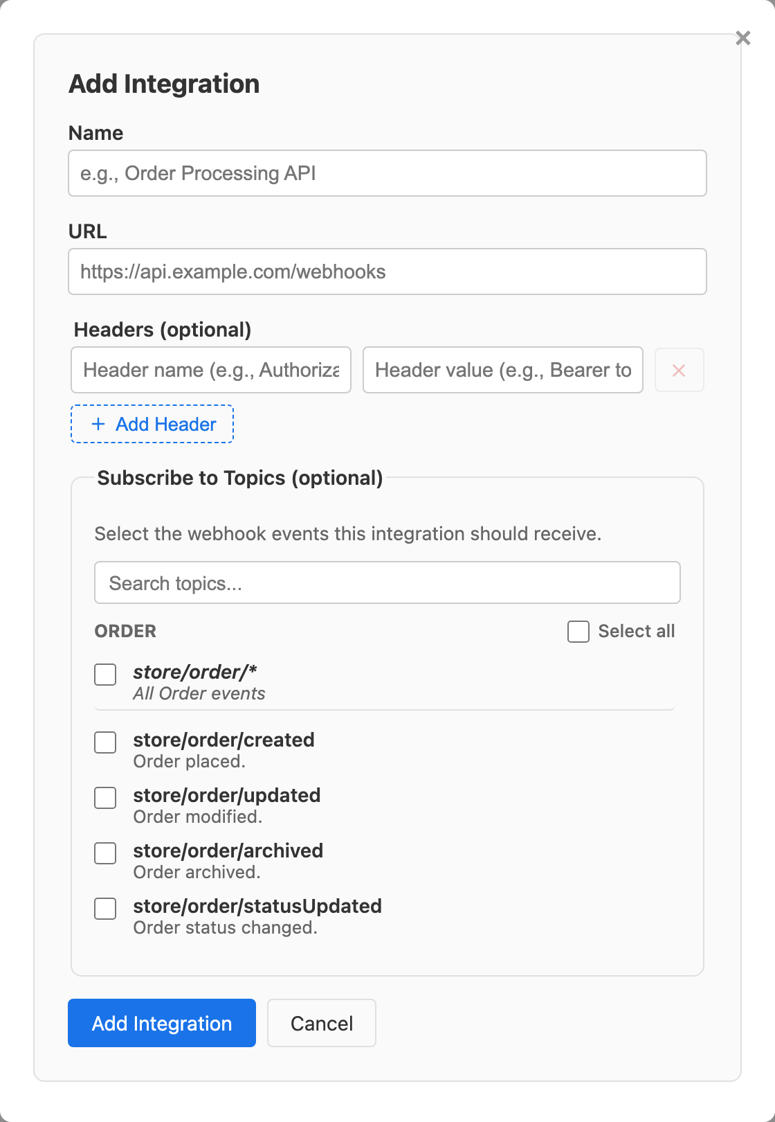 Add Integration form showing fields for name, URL, optional headers, and topic subscriptions