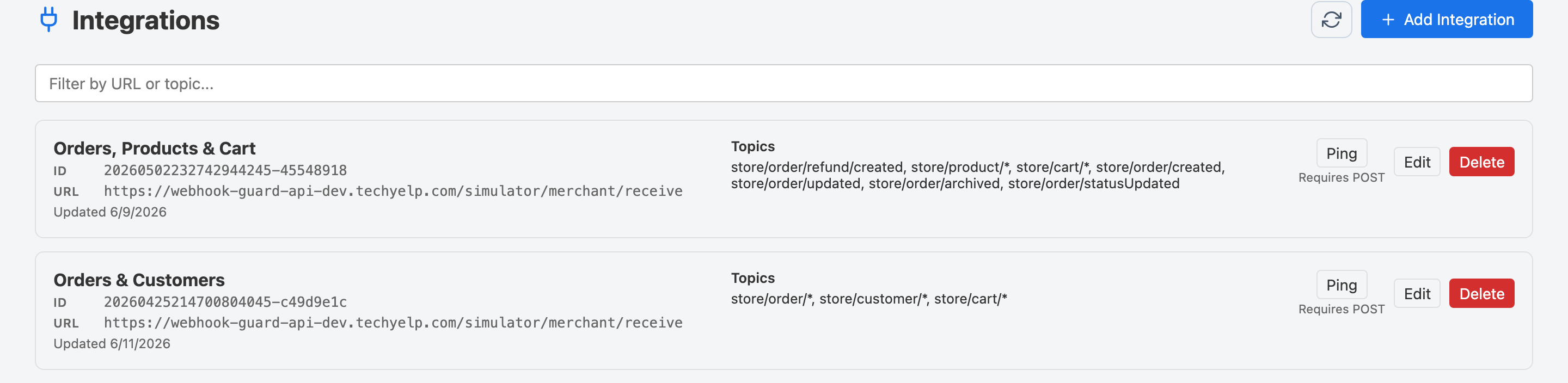 Integrations page listing all configured integrations with their name, URL, topic subscriptions, and Ping, Edit, Delete actions