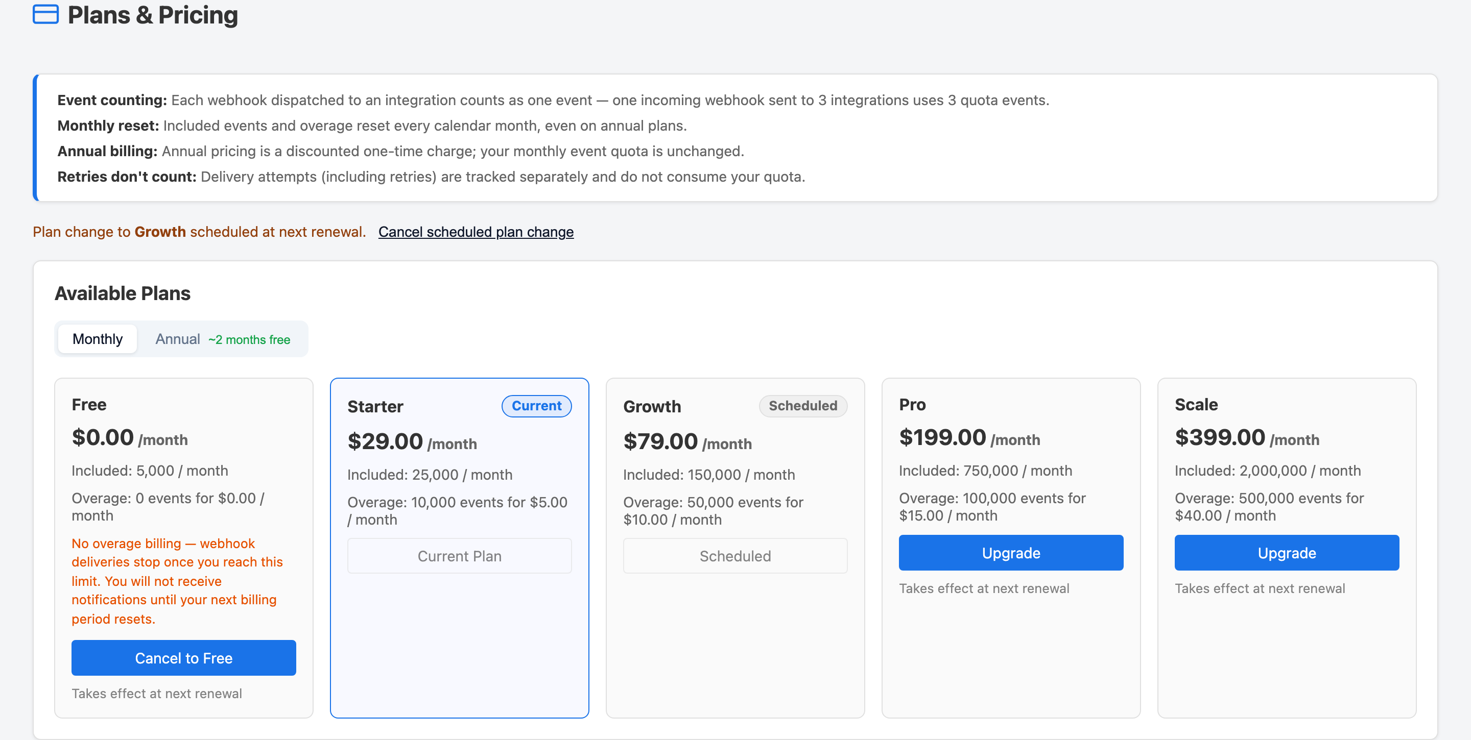Plans and Pricing page showing available subscription tiers with features and pricing for each plan