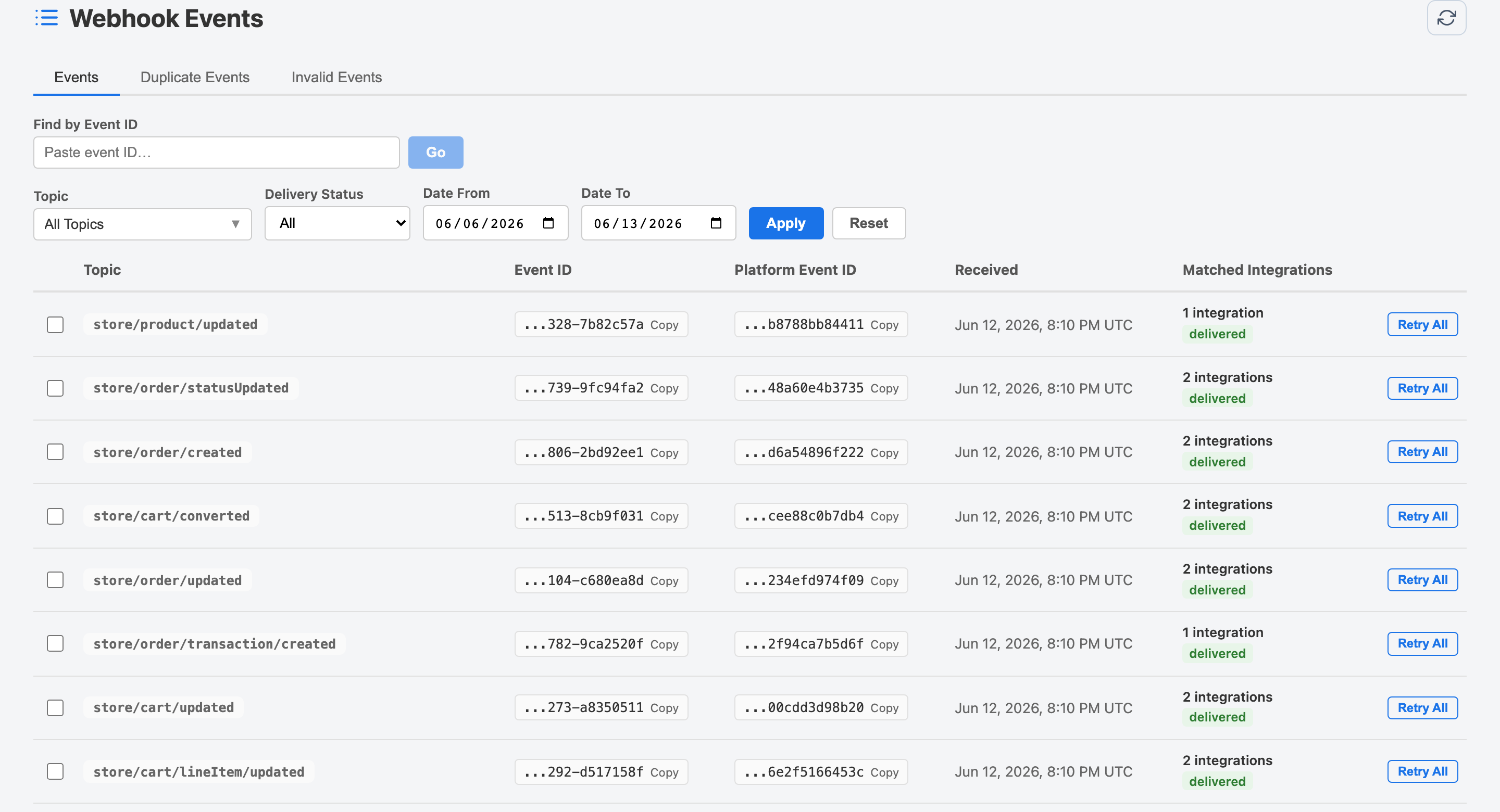Webhook Events page showing the events list with topic, event ID, platform event ID, received timestamp, matched integrations, and delivery status